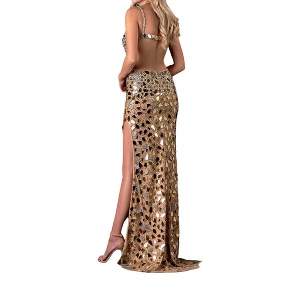 NEW TERANI COUTURE mirror embellished dress with slit in gold/nude - Picture 2 of 2